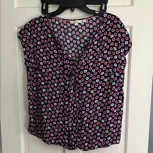 Boden Navy Cap Sleeve Blouse with Pink & White Floral Dots